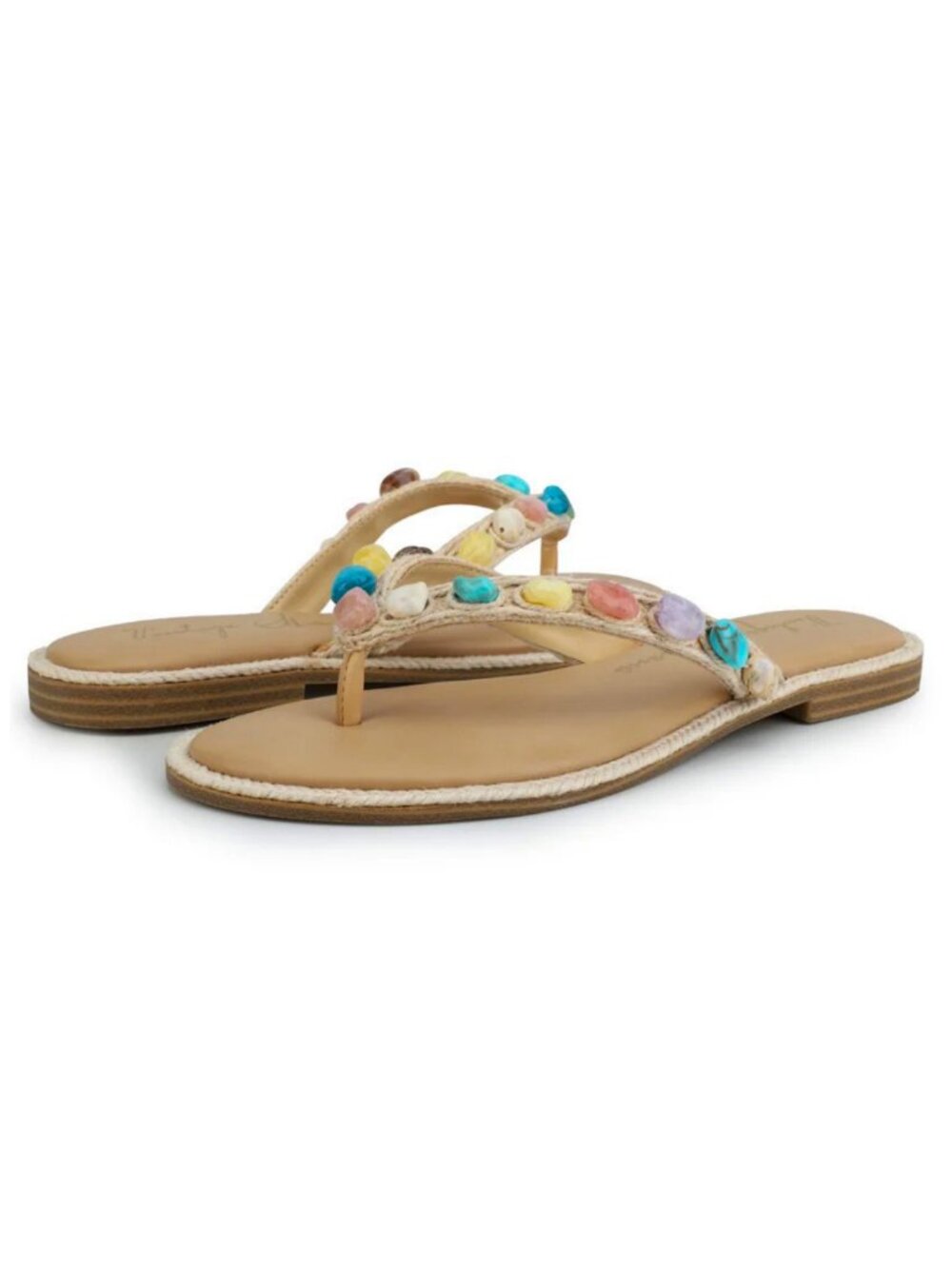 NIB Vintage Havana Sandy Beige Jute & Multi-color Stone Thong Sandal
